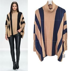 JM Collection Turtleneck Poncho Sweater Wmn's Sz L Striped Tan Black Long Sleeve